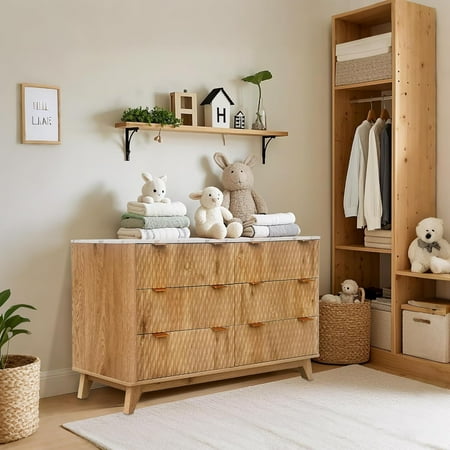 Home Bedroom Chest of Dresser Wood 54 Drip Pattern Six-Drawer Chest with Faux Marble Top Wide Wood Farmhouse Dresser Drawer Storage Organizer for Nursery Bedroom Living Room Hallway