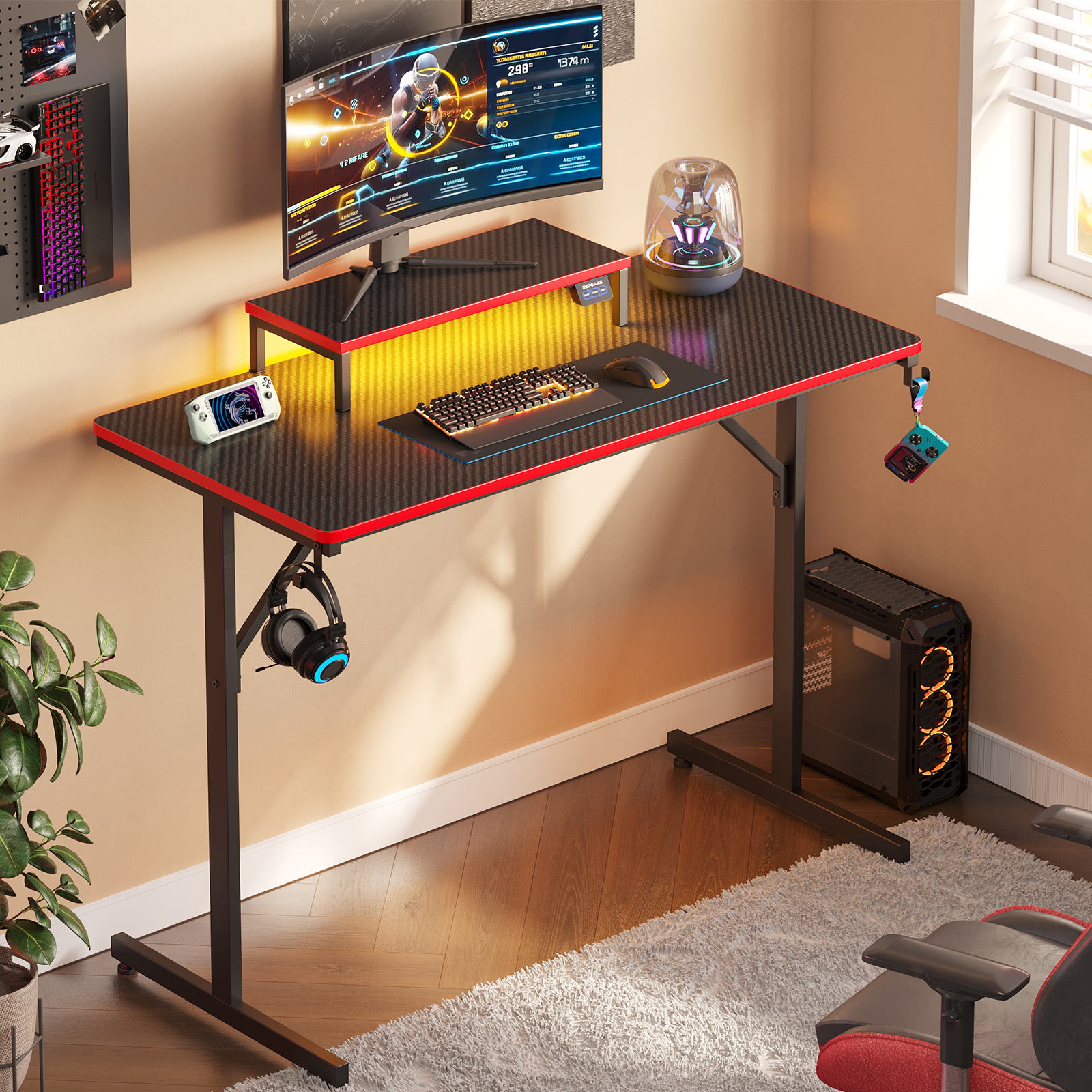 RSPGAME 39" Gaming Desk with LED Lights and Monitor Stand, Red photo 7