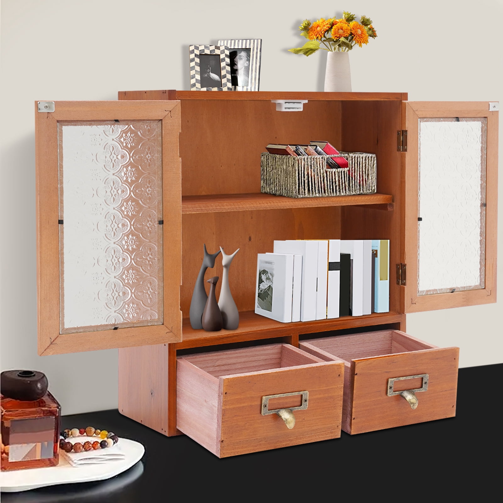 Vintage Tabletop Organizer W/2Drawer Wooden Storage Drawer Box 2-Tier Storage Cabinet for Kitchen Counter
