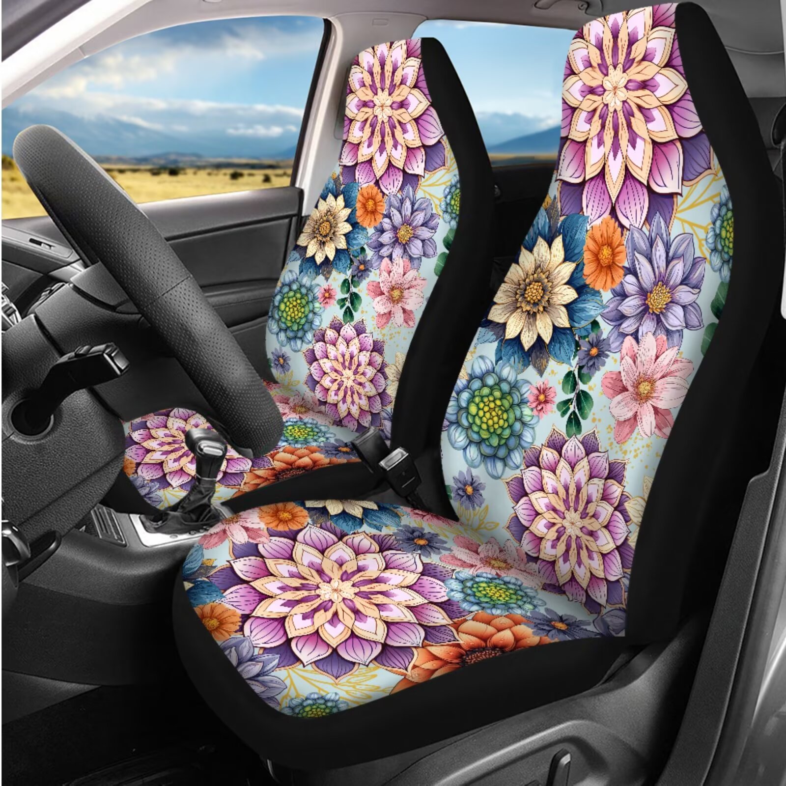Binienty Bohemian Mandala Car Seat Covers Full Set 14 PCS Front Rear Automotive Seat Covers with Steering Wheel Cover Headrest Protectors Armrest Pad Universal Fit Auto Interior Set​