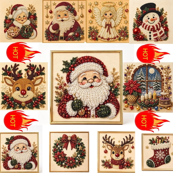 DIY Christmas Pearl Diamond Painting Art Kit with Frame, Christmas Pearl Beads Art Craft for Adults & Beginners, Gemstone Diamond Dots Beads Painting for Home Wall Decor