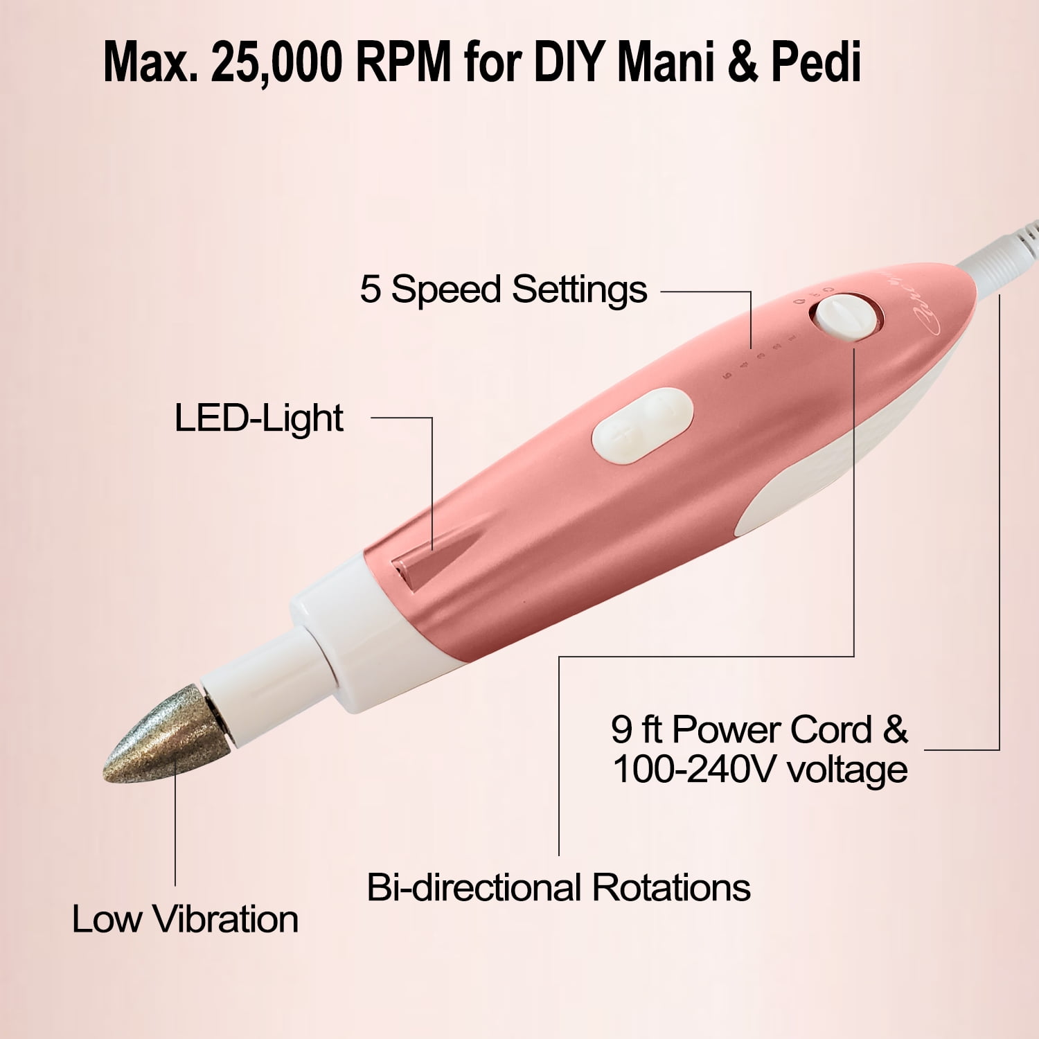 Care me Powerful Corded Electric Nail Drill Set File, Buff, Shape, Polish Nails, Remove Cuticles & Calluses - Professional Manicure & Pedicure Kit for Nail Care
