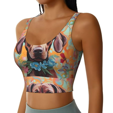 Picia Painted Flower Puppy Sports Bra for Women Padded Strappy Sports Bras Medium Support Yoga Bra with Removable Cups Running Yoga Bra-Small