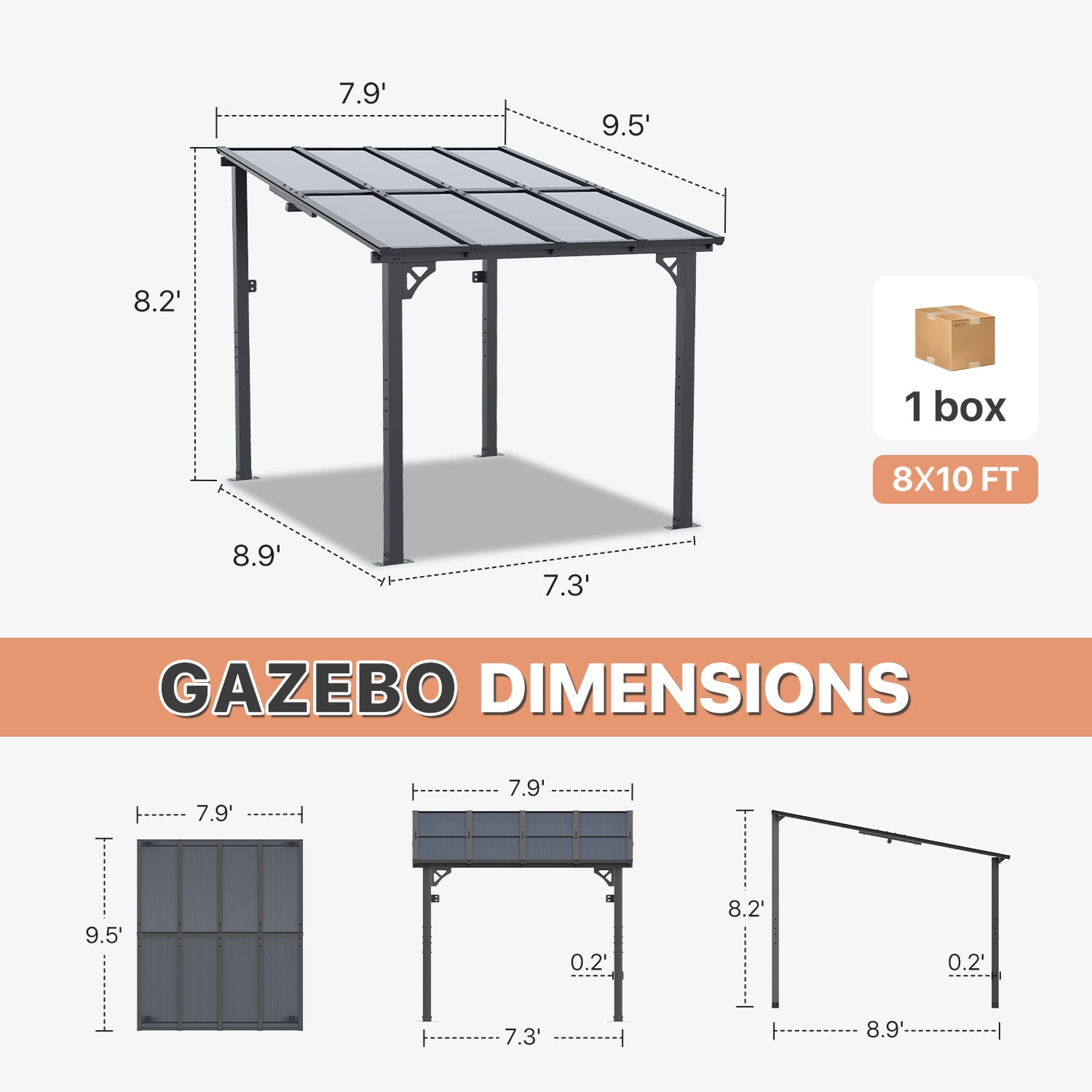 BaPiPro 8'x10' Hardtop Gazebo, Wall Mounted Lean-To Pergola for Patio, Aluminum Frame & Polycarbonate Roof, Waterproof Outdoor Canopy for Backyard, Porch, Deck
