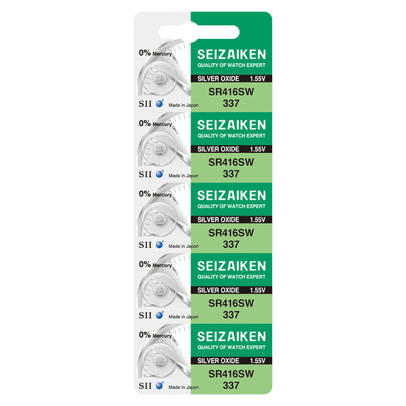 Seizaiken 337 SR416SW 1.55V 0%Hg Silver Oxide Watch Battery (5 Batteries)