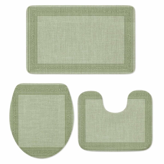 Cameo Green Abstract Art Bathroom Rugs Set Vintage Linen Greek Key Geometric Non Slip Absorbent Soft Bath Mats 3 Piece Set with Bathroom Rug, U-Shaped Floor Mat, Toilet Seat Cover Large Size