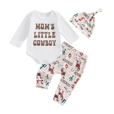 

Western Baby Boy Clothes Mom s Little Cowboy Long Sleeve Romper Cowboy Cactus Long Pants Hat 3Pcs Fall Outfit