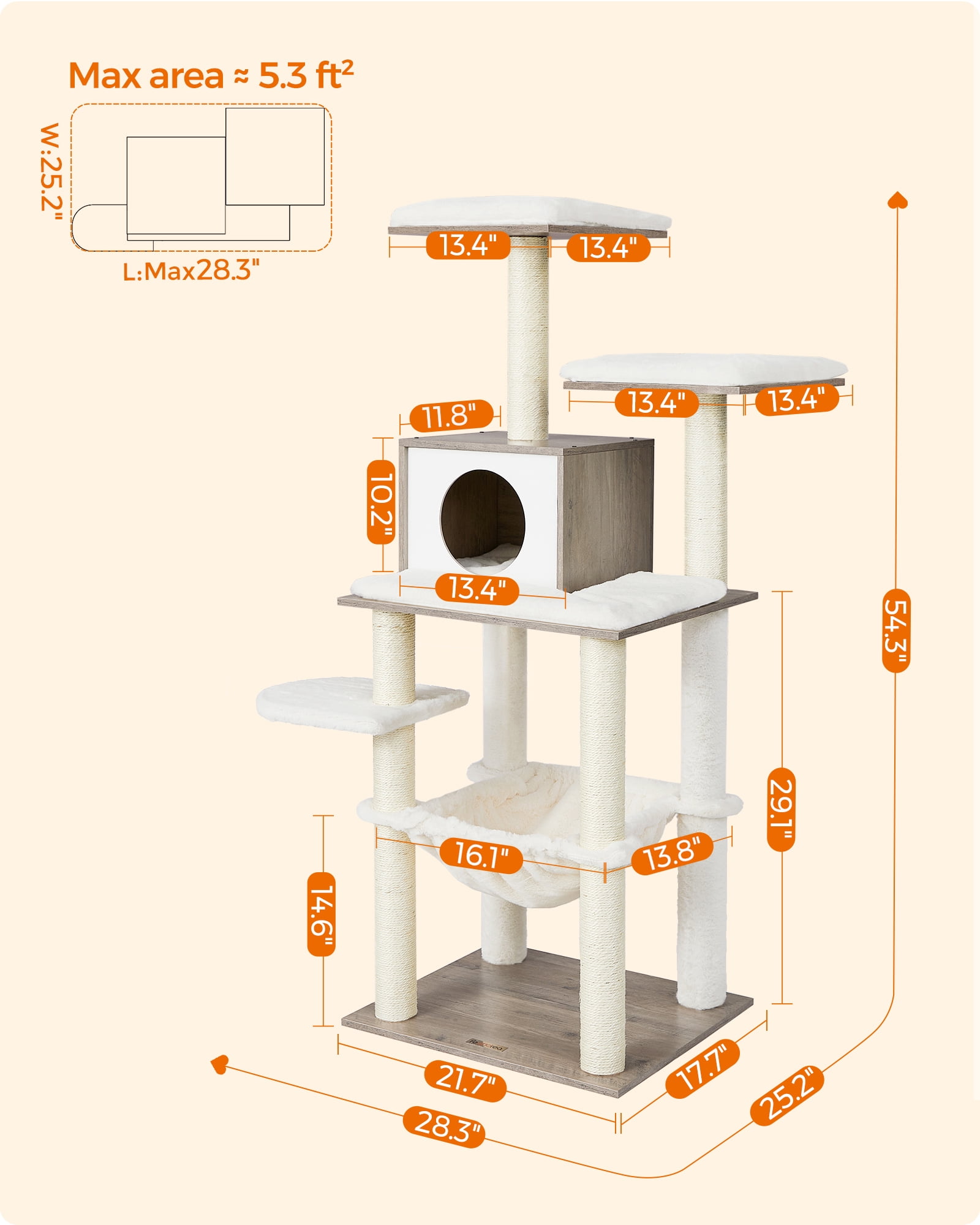 Cat Tree, 54.3-Inch Cat Tower with Scratching Posts, Hammock, Cat Cave, Padded Perches, Wooden Cat Condo, Heather Greige