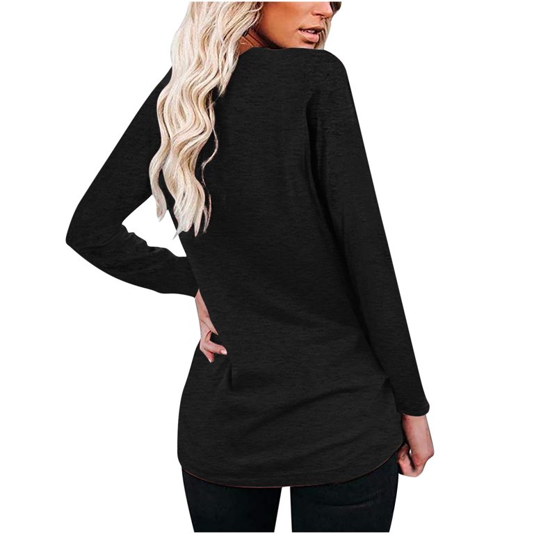 YOTAMI Workout Tops for Women - Deal of Day Prime Clearance Button Solid  Color Plus Size Crew Neck Autumn Long Sleeve Black Tops