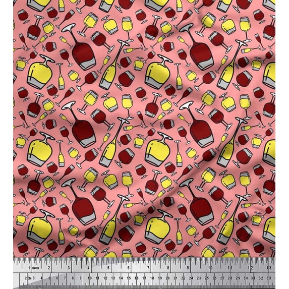 Soimoi Silk Fabric Bottle & Wine Glass Bar Printed Craft Fabric by The Yard 42 Inch Wide