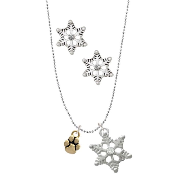 Delight Jewelry Goldtone Mini Rounded Paw Silver tone Snowflake Charm Necklace and Stud Earrings
