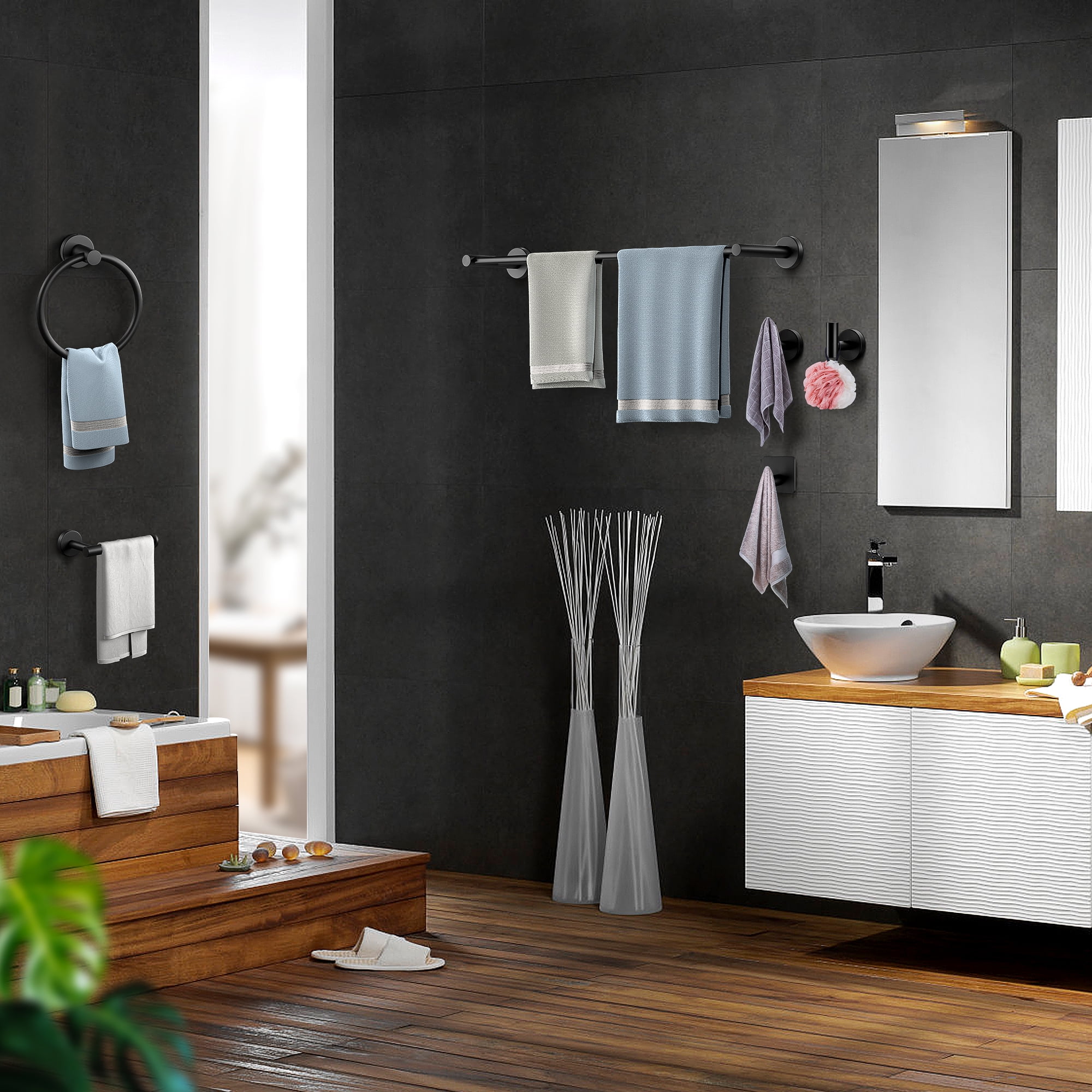 TOOLKISS 6-Piece Bath Hardware Set with Towel Bar, Toilet Paper Holder and Towel Hook in Matte Black