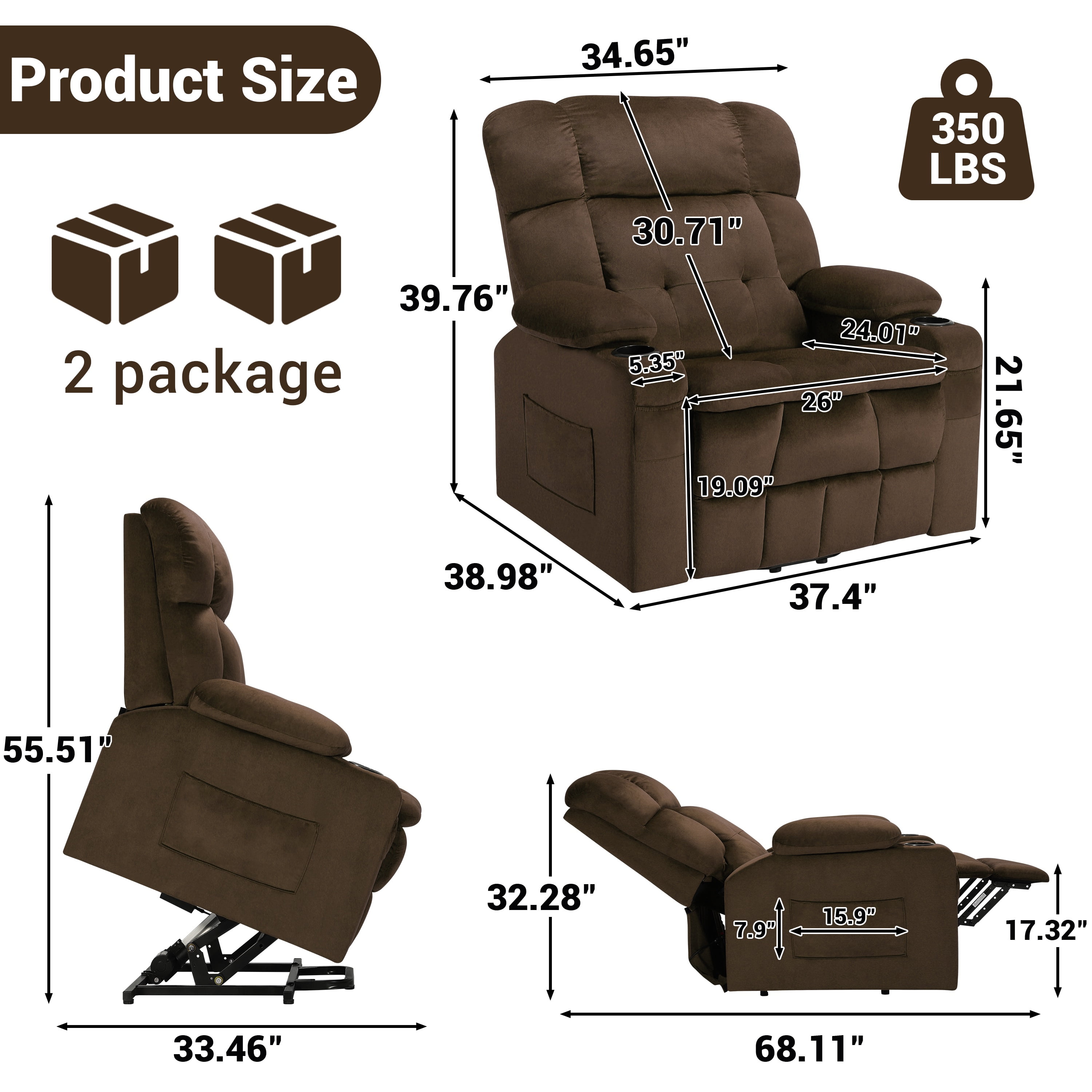Oversized Power Lift Recliner, LEGAHOME 26in Large Wide Lift Chair for Elderly, Massage Recliner with Heat for Big and Tall Adults, Living Room Recliner Chair with Cup Holders, Brown
