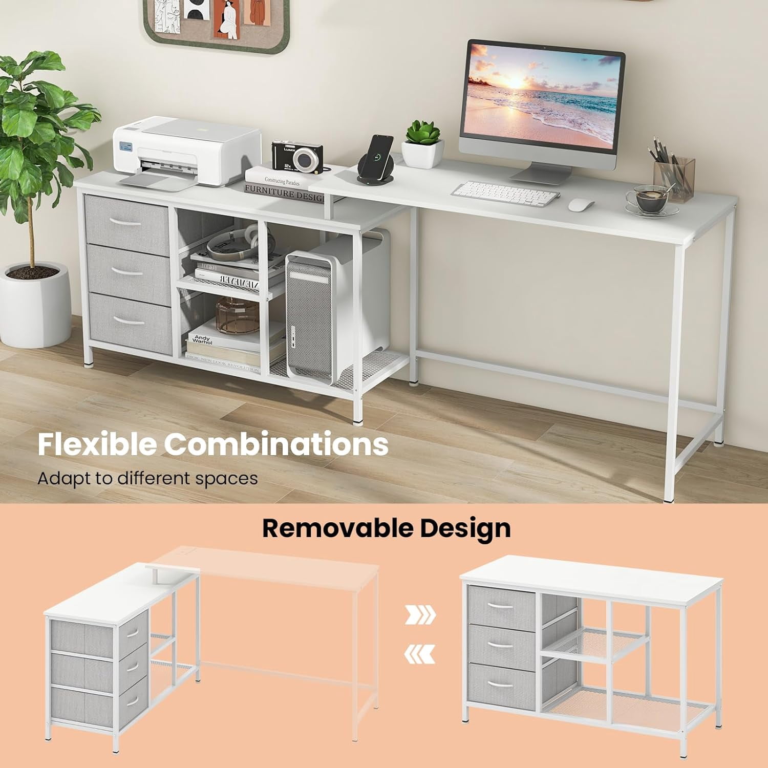 HJTER L Shaped Computer Desk with Drawers, 81" Convertible Corner Desk with Charging Station and Storage Shelves, Study Writing Desk, Modern Long Corner Gaming Table for Home Office (White)