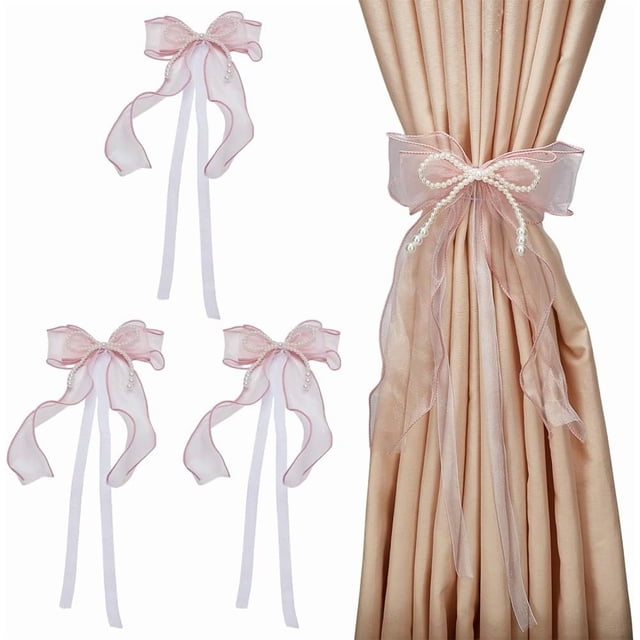 4 abrazaderas para cortinas con forma de mariposa y perlas, diseño Misty Rose con lazo y perlas.