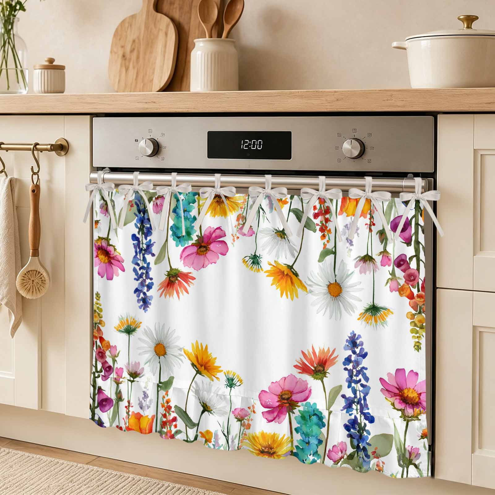 Spring Floral Oven Skirt Curtain Watercolor Pink Yellow Pink Flower Daisy Plant Tie Top Tier Curtains Stove Dishwasher Skirt Small Window Drapes for Kitchen Bathroom Cafe 30 x21.5