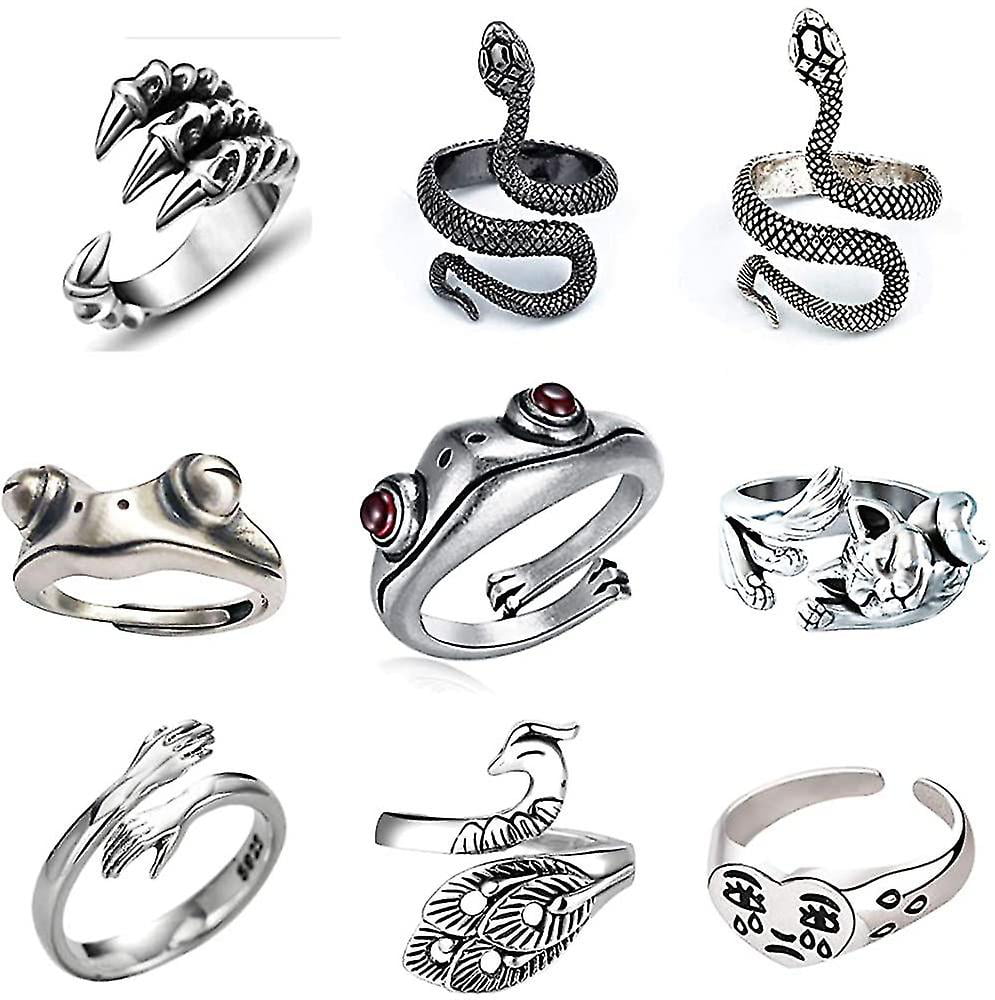 9 Pcs Frog Rings Cute Animal Open Ring Retro Vintage Snake Rings Set  Statement Biker Punk Rings For Women Girls Men 