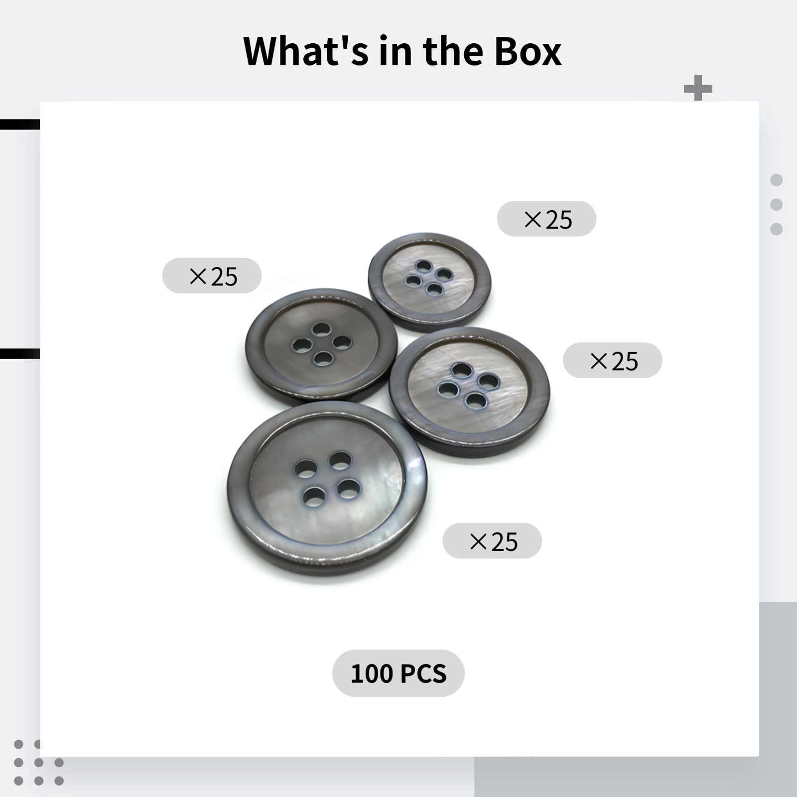 Shell Suit Buttons 100 Pack, Grey 4 Hole Buttons in 4 Sizes 0.5-0.8 inch Sewing Buttons for Blazer Jacket Coat, Professional Tailoring Supplies