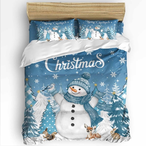 Christmas Snowman King Size Comforter Set, Xmas Tree Snowflake Blue Soft Bedding for All Seasons, 4 Pcs Bed Set with 1Comforter (90"x106") ,1 Sheet(94"x116"), 2 Pillowcases (19"x35")