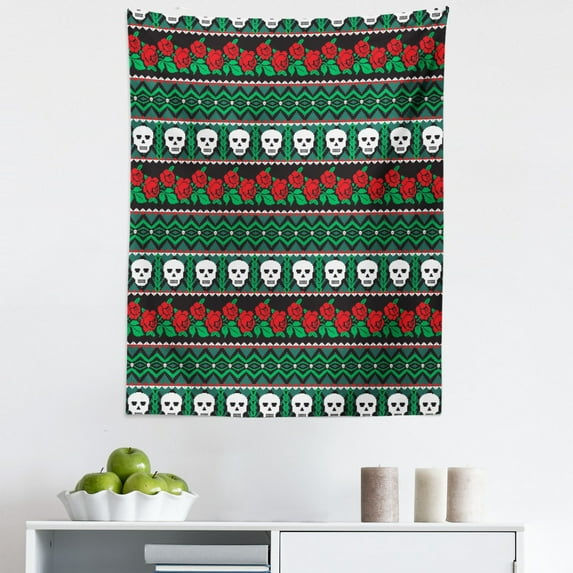 Mexican Tapestry, Mexican Folkloric Art and Roses Knitted Seem Pattern Traditional Borders Print, Fabric Wall Hanging Decor for Bedroom Living Room Dorm, 5 Sizes, Green White Red, by Ambesonne