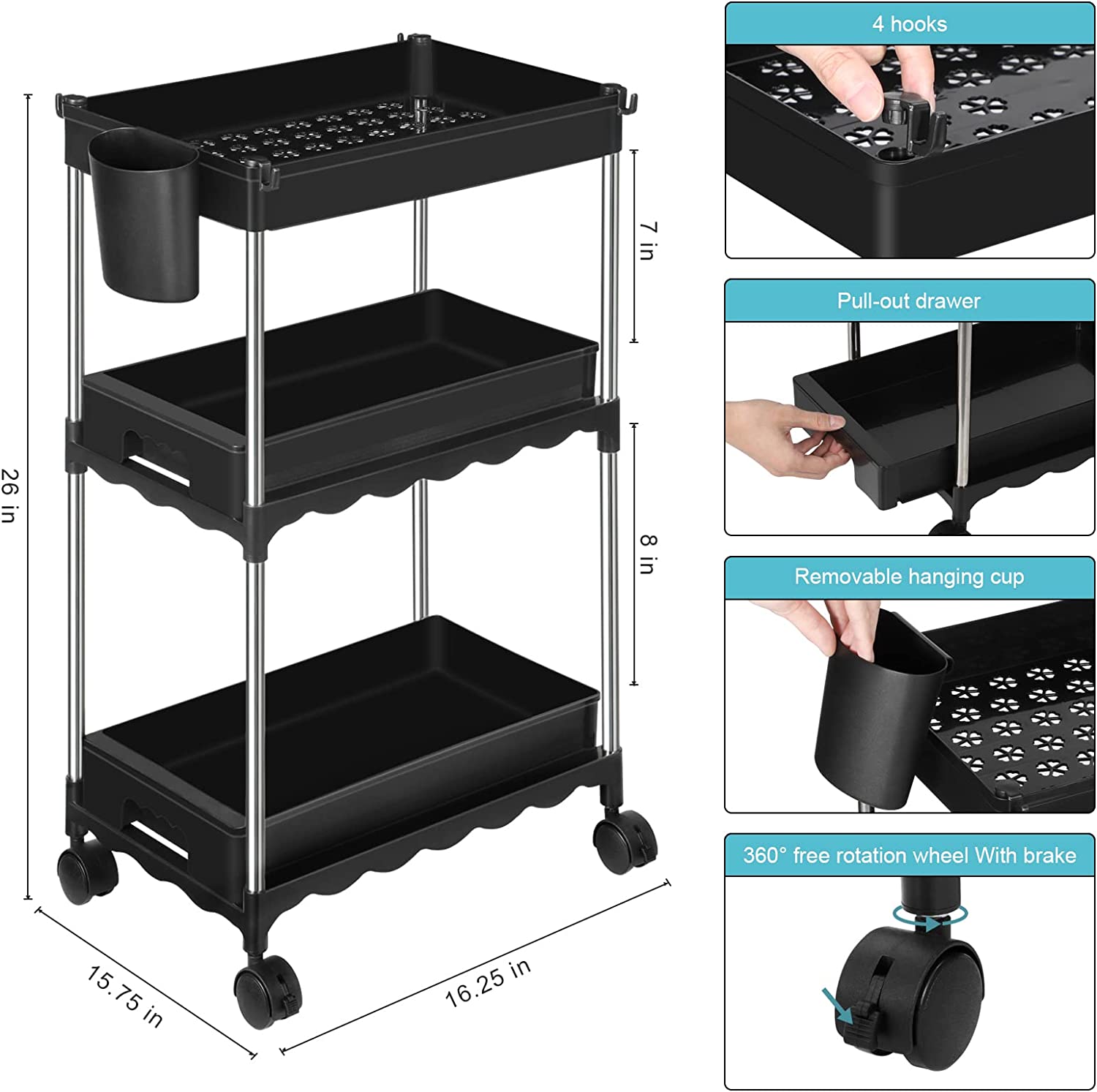 3 Tier Utility Rolling Cart with Sliding Storage Drawer, with Hanging Cup and 4 Hooks, Black
