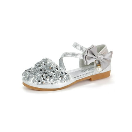 

Lacyhop Girl s Mary Jane Sandals Bowknot Dress Shoes Comfort Flats Wedding Lightweight Princess Shoe Casual Ankle Strap Silver 4.5C