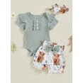 thumbnail image 4 of BemeyourBBs Newborn Baby Girl Summer Outfits Cute Infant Baby Girl Clothes Solid Color Ribbed Knit Short Sleeve Romper Front Bow Floral Cow Print Shorts Set Headband 3Pcs, 4 of 9