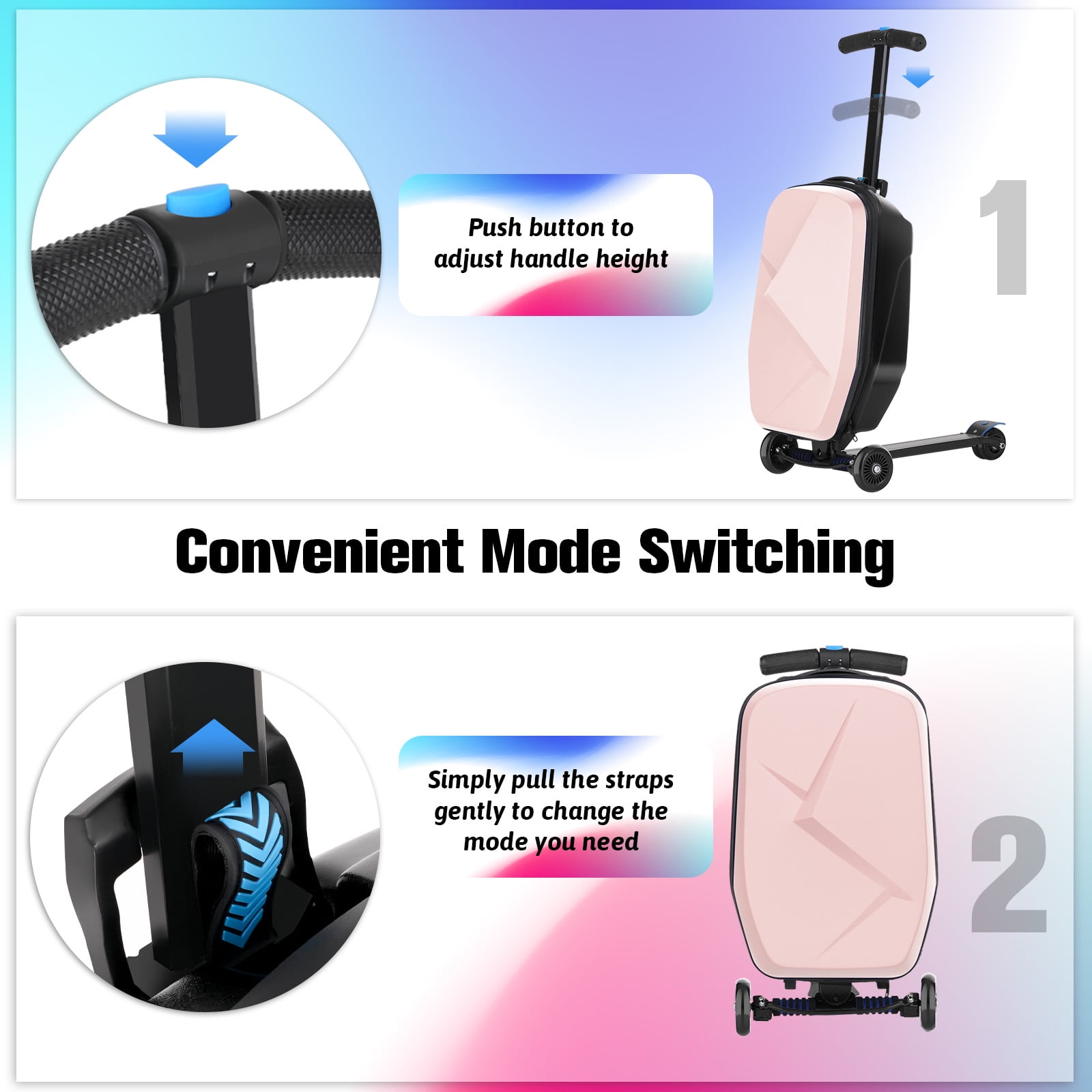 Advwin Scooter Luggage for Kids & Adults, Hardside Ride on Suitcase for Kids Ages 4-15 Multifunctional Lightweight Foldable Carry on Luggage with Wheels Ride on for Children Teenagers, Pink