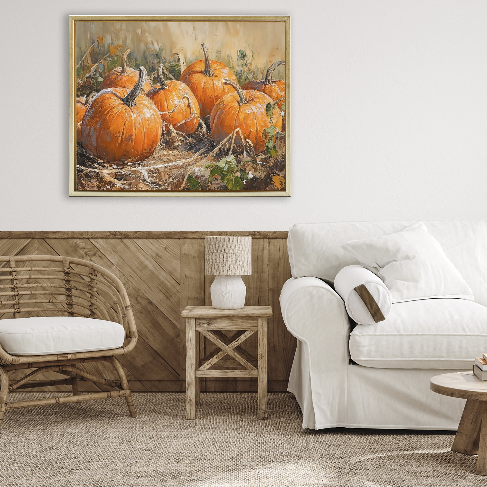Stupell Industries Pumpkin Patch Autumn Harvest Scene Gold Framed Floater Canvas Wall Art, design by Nini Art