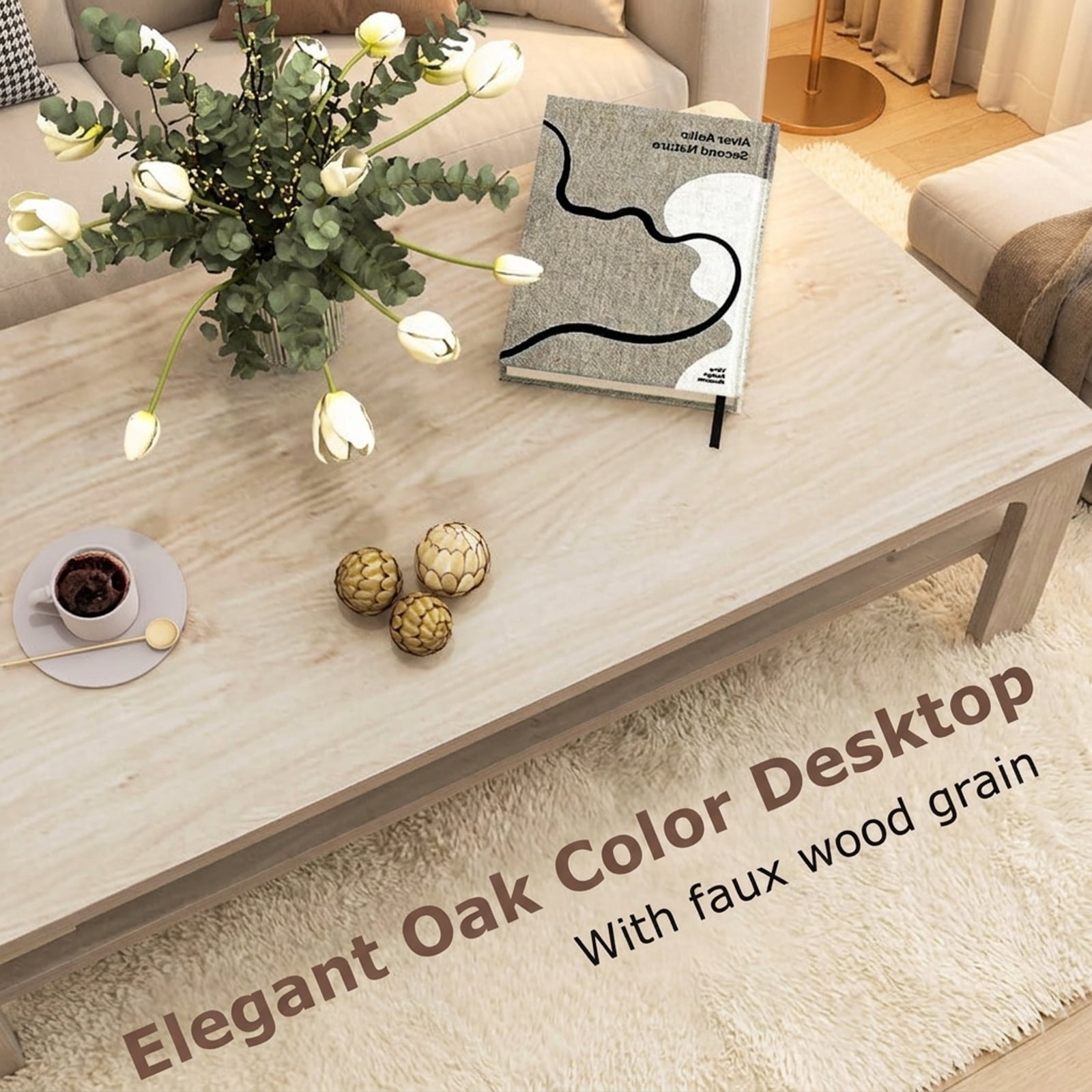 Furnibear 47 Inches Accent Rectangular Coffee Table for Living Room - Oak - Living Room Cocktail Center Table