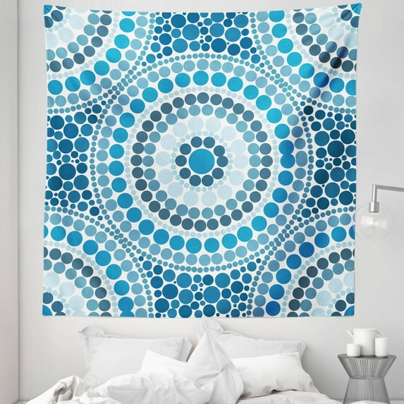 Circles Tapestry, Concentric Circles Mosaic Tiles Consist of Smaller Dots in Blue Shades Design, Fabric Wall Hanging Decor for Bedroom Living Room Dorm, 5 Sizes, Blue and White, by Ambesonne