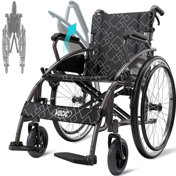 VOCIC Lightweight Folding Portable Self-Propelled Wheelchair with Flip-Back Arm, Double-Brake, 23.6-inch Rear Wheels, Gray