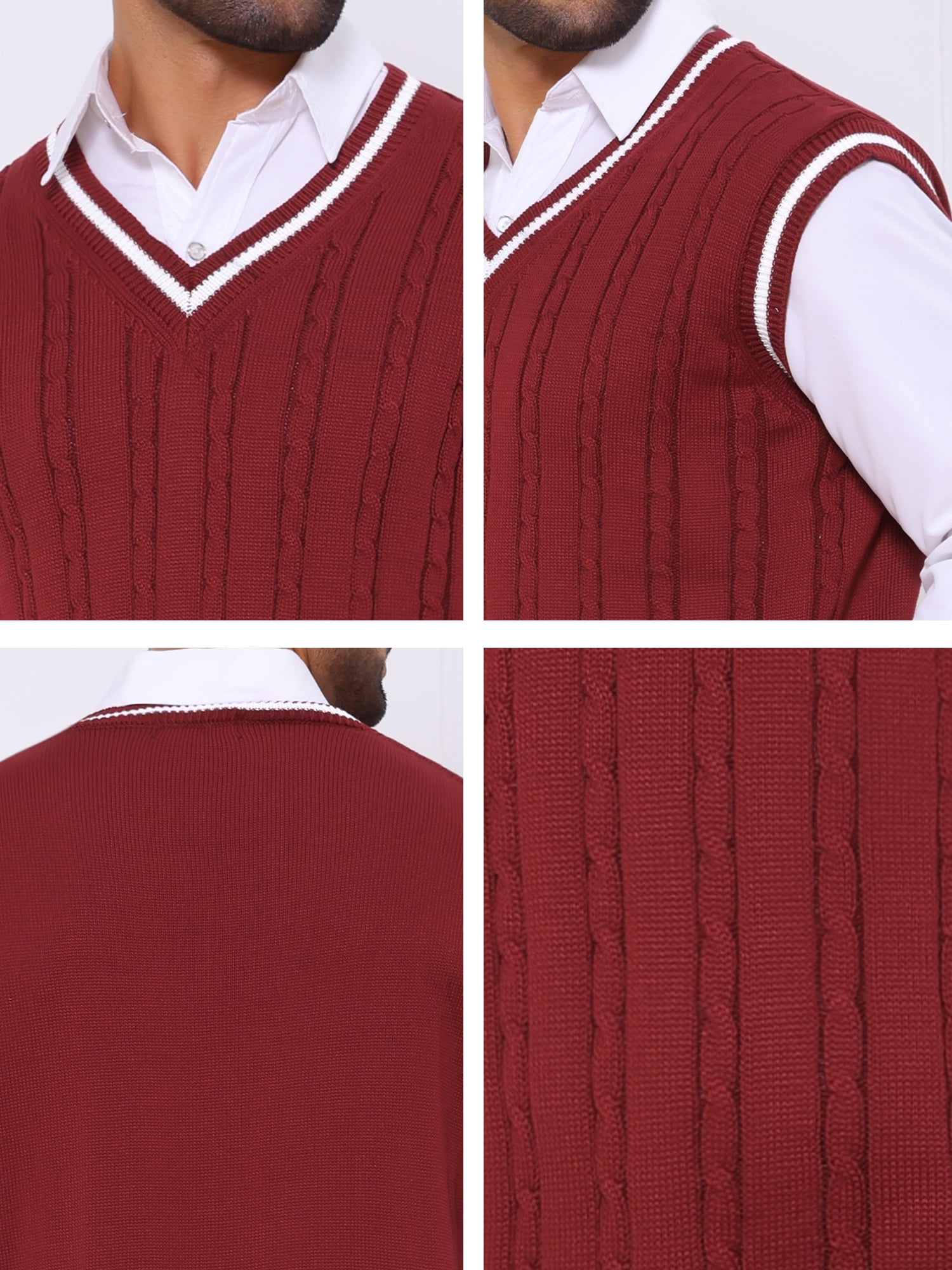 DARING DIVA Men's Solid Color V-Neck Sleeveless Cable Knitted Sweater Vest XL Red
