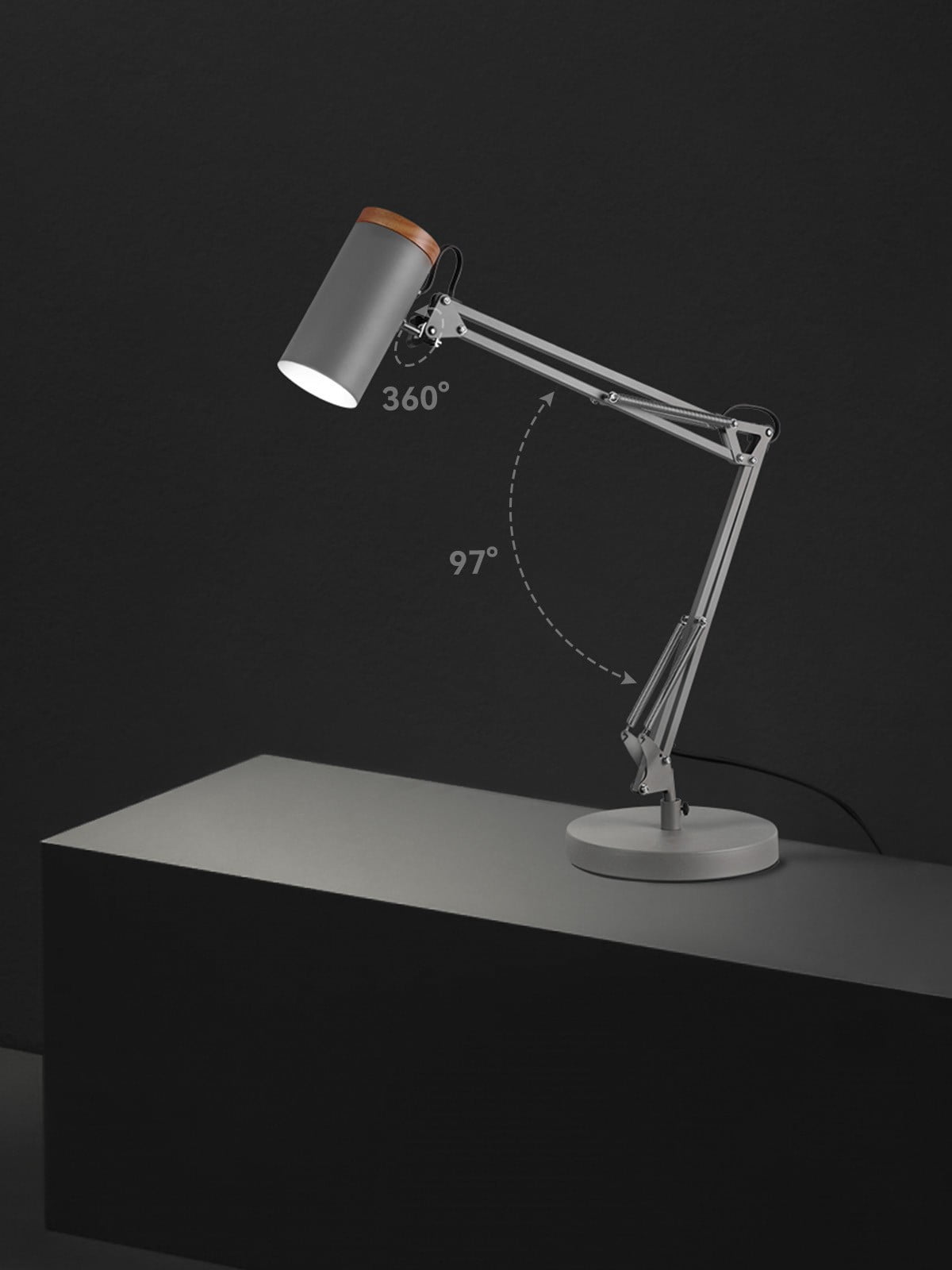 Adjustable Metal Table Lamp, Large Size Max Height 26", E26 Base, Swing Arm Desk Light with Wooden Accent, Gray