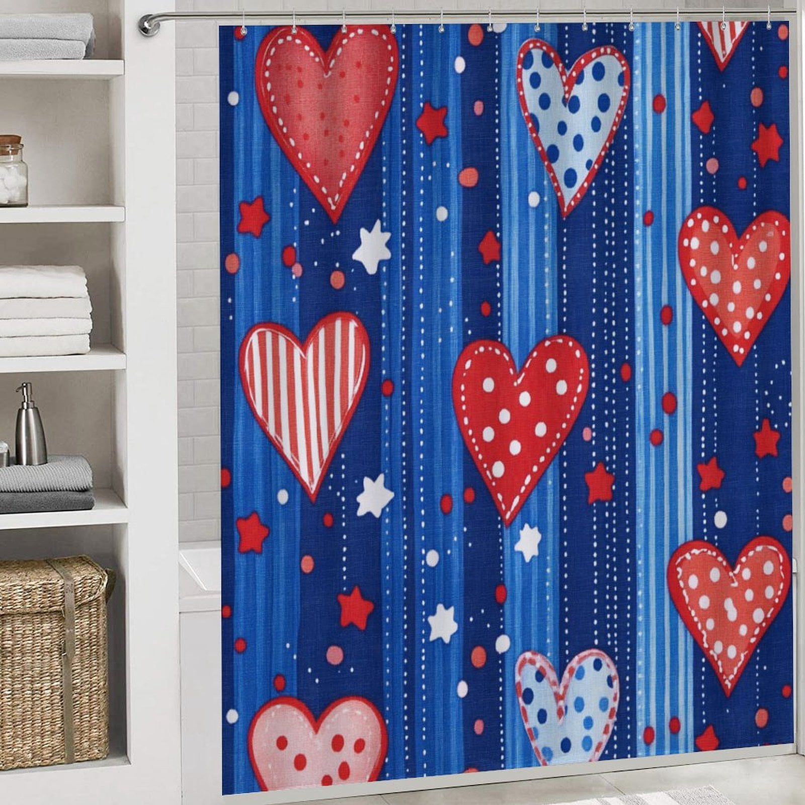 USA Hearts & Stars 4 Pcs Shower Curtain Set Shower Curtain And Rugs Shower Curtain Set Independence Labor Day Waterproof Fabric Bath Curtain for Bathroom Decor Set