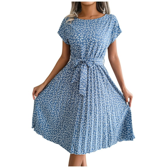 Women's Floral Print Pleated Midi Dress with Belt, Short Sleeve Summer Casual A-Line Dress for Party, Work, Vacation,Blue L