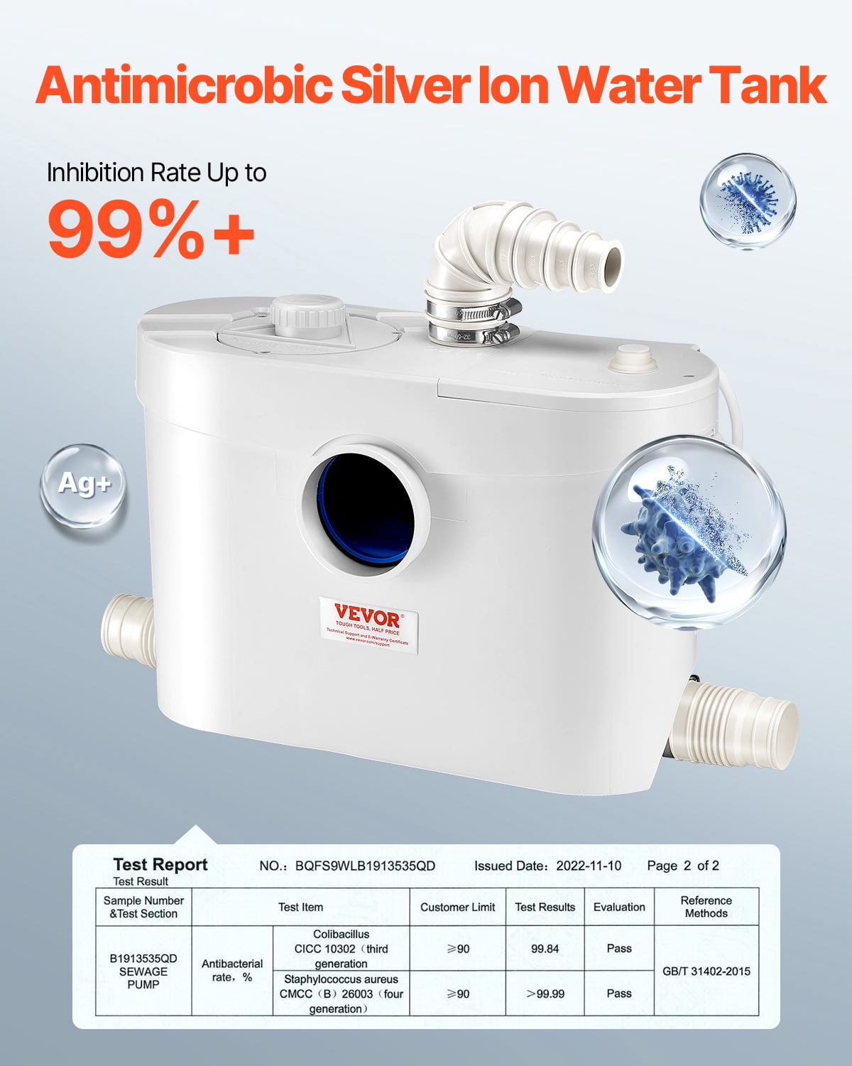 VEVOR Macerator Pump, 900W,48 GPM Flow, 40 ft/12 m Head, Macerator Sewerage Toilet Pump with 4 Water Inlets, Waste Water Disposal Upflush Machine for Toilet,Basement, Shower, Sink, Laundry, Bathtub