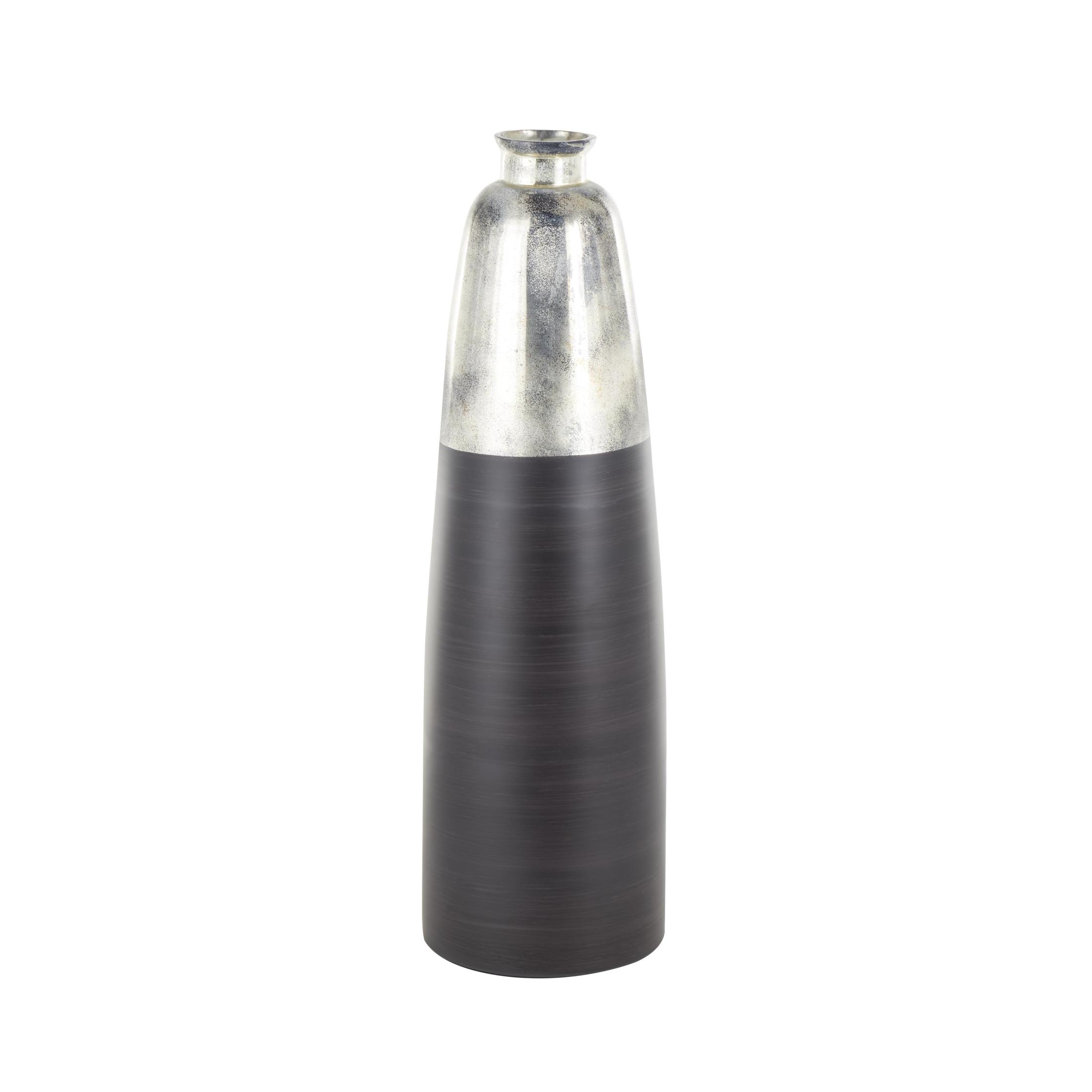 DecMode 34" Tall Brushed Two-Toned Floor Black Glass Vase with Textured Silver Top