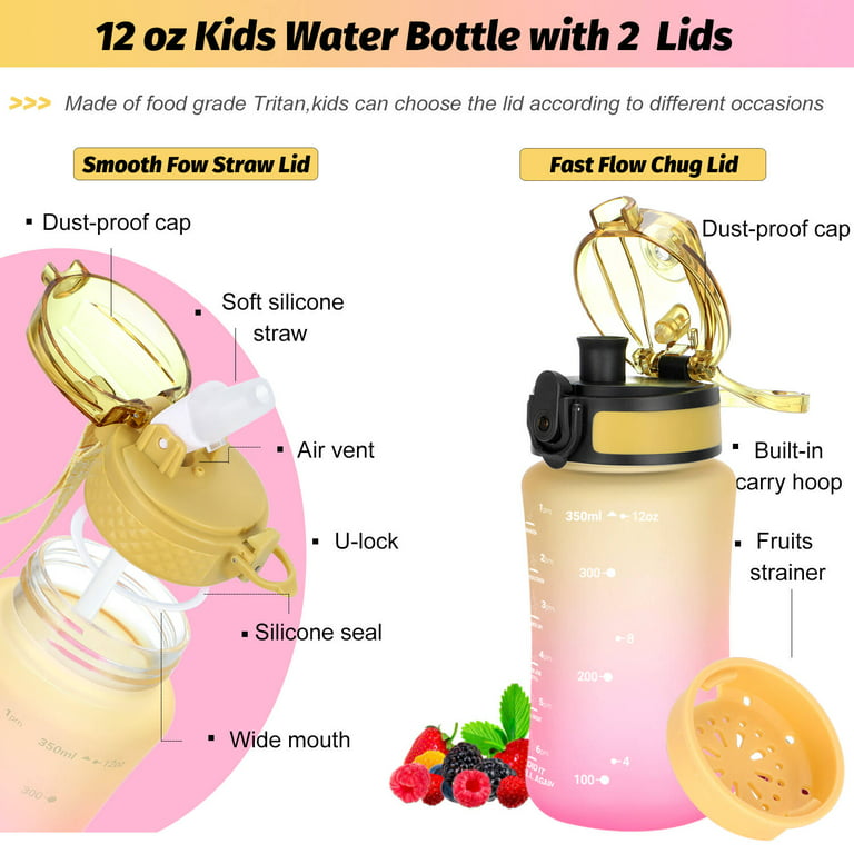 OLDLEY Kids Water Bottle 12 oz BPA Free Reusable Motivational Water Bottles with Time Marker Straw/Chug 2 Lids/Fruit Strainer/ Leak-Proof for Toddler