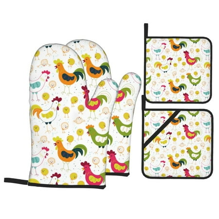 

Oven Mitts and Pot Holders 4 pcs Set Chickens A Heat Resistant Pot Holders Oven Mitts for kitchen Non-Slip Hanging Loop Oven Glove Potholders for Baking Cooking