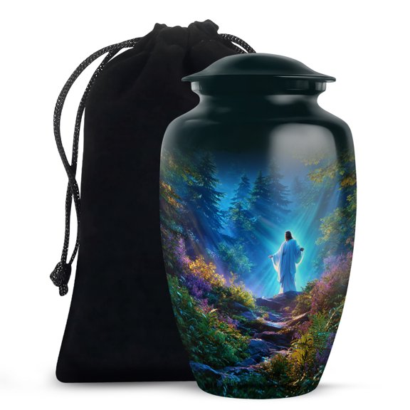 MUKTIVE Jesus Decorative Urn for Human Ashes Adult Male & Female, Funeral Green Urns for Mother, Large Memorial Cosmic Light Urn for Parents Ashes, Mens Urns for Burial, 10 inch