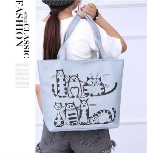 Women Canvas Handbag Cute Cartoon Cat Printed Shoulder Bag Large Capacity B 