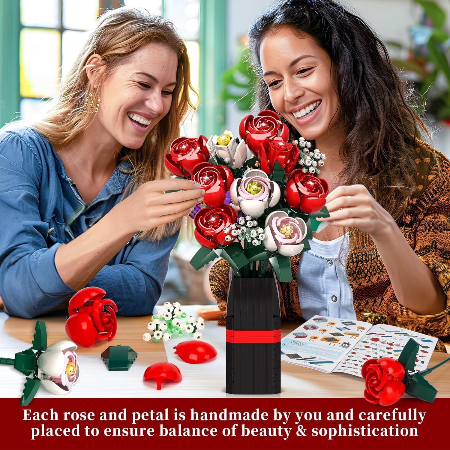 OKKIDY Rose Bouquet Building Kit, 841PCS Faux Rose Plants with Vase, Compatible with Lego, Valentine's Day for Adults and Kids Ages 6+