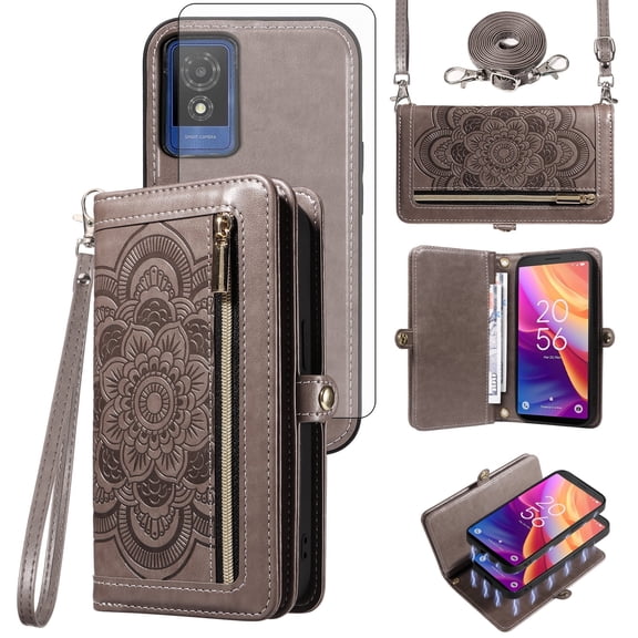 Asuwish Detachable Magnetic Zipper Wallet Phone Case with Flower Pattern and Screen Protector for TCL 501, Gray