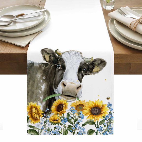 Sunflowers Cow Table Runner - 36 Inch Long, Kitchen Dining Table Runner Dresser Scarves, Farmhouse Rustic Animals Flowers Floral Farmhouse Decor for Coffee Tables Wedding Party Banquet
