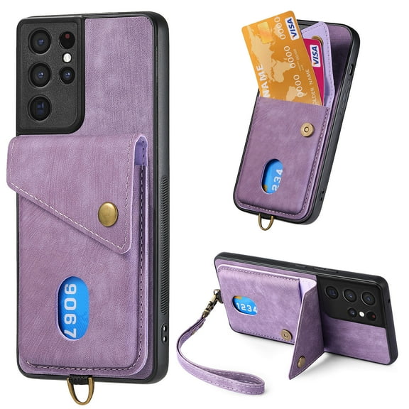 ELEHOLD Wallet Case&nbsp;for Samsung Galaxy S22 Ultra,with Card Slots Detachable Wrist Strap Premium Leather Wallet Phone Case Work with Magnetic Car Mount,Purple