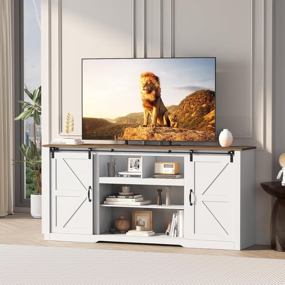 Farmhouse TV Stand for Televisions Up to 80 in,Sliding Barn Doors and Storage Cabinets, Console Table and Media Furniture for Living Room, 70 in, Rustic White