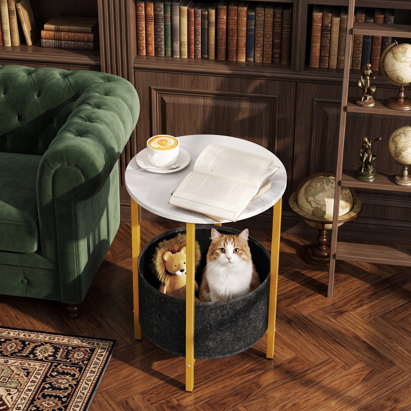Furnibear Round End Table 2-Tier Side Table with Removable Fabric Basket and Sturdy Metal Frame for Living Room Bedroom Study Nightstand Storage, White