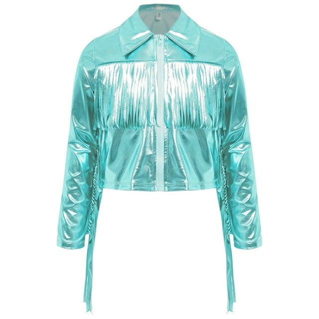 Manyakai Kids Girls Metallic Fringe Bomber Jacket Shiny Zipper Blazer Musical Party Performance Costume Light Green 10