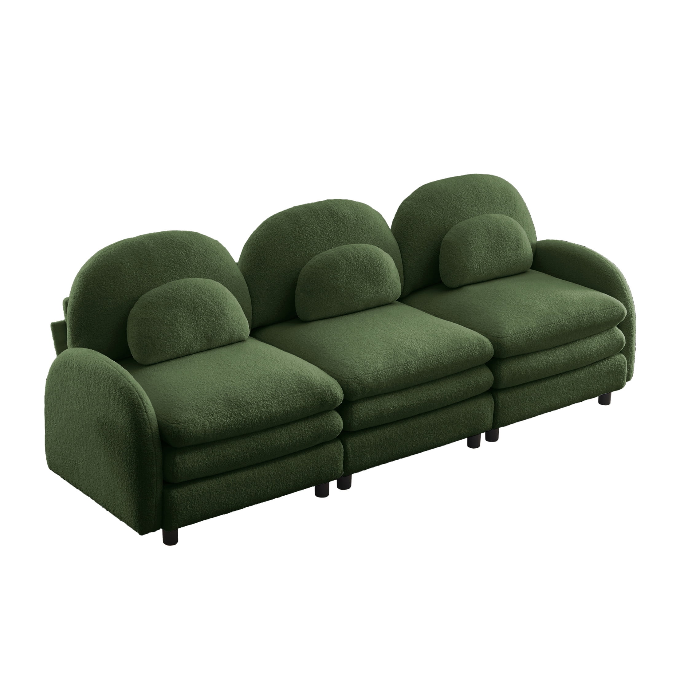 Noble House Windsor Teddy Fabric 3-Seater Sectional Sofa, Modular Cloud Couch with Lumbar Pillows, Green